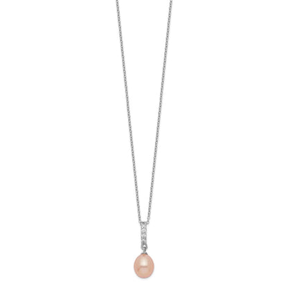Sterling Silver Rhod-Plat 8-9mm Pink Fwc Pearl Cz Necklace
