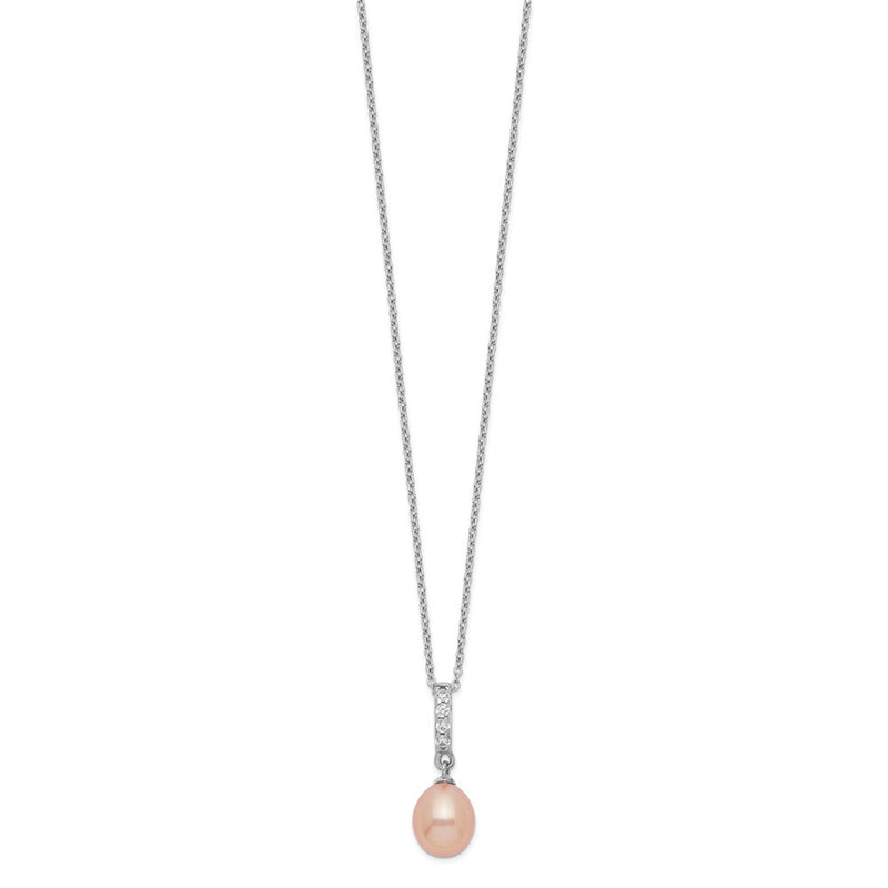 Sterling Silver Rhod-Plat 8-9mm Pink Fwc Pearl Cz Necklace