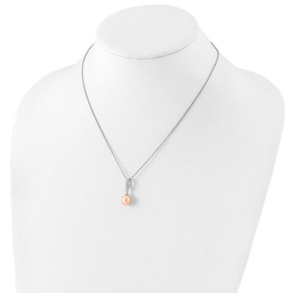 Sterling Silver Rhod-Plat 8-9mm Pink Fwc Pearl Cz Necklace