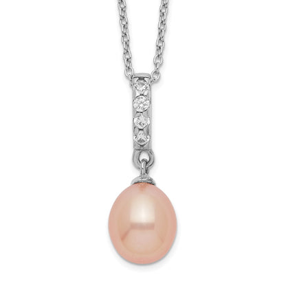 Sterling Silver Rhod-Plat 8-9mm Pink Fwc Pearl Cz Necklace
