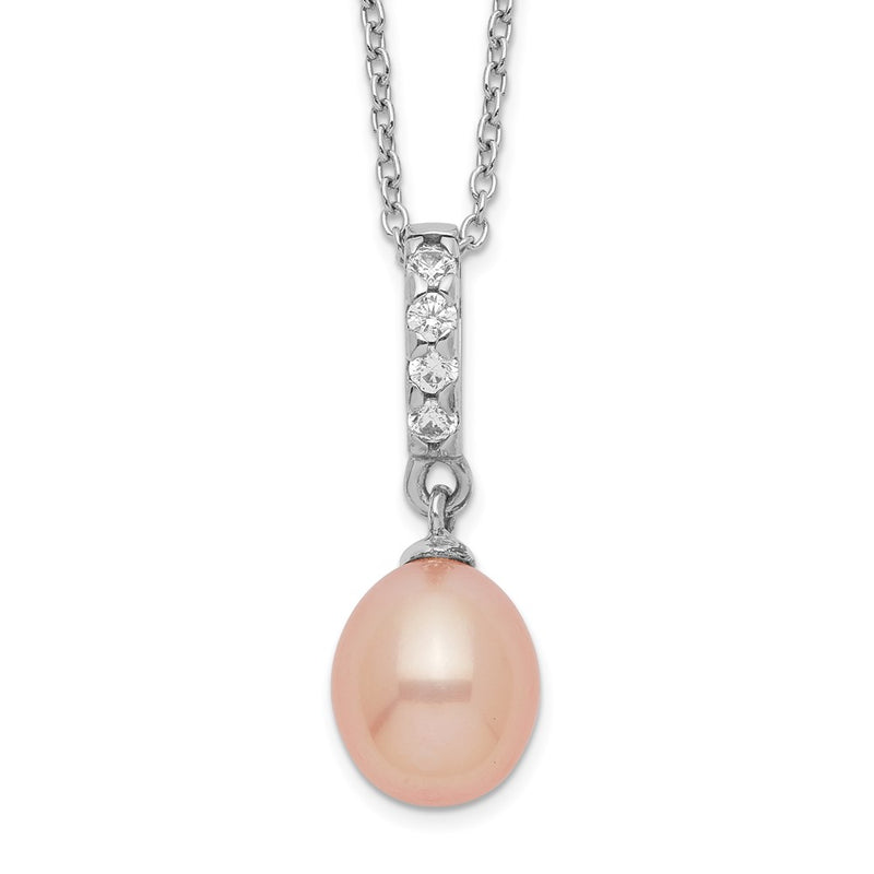 Sterling Silver Rhod-Plat 8-9mm Pink Fwc Pearl Cz Necklace