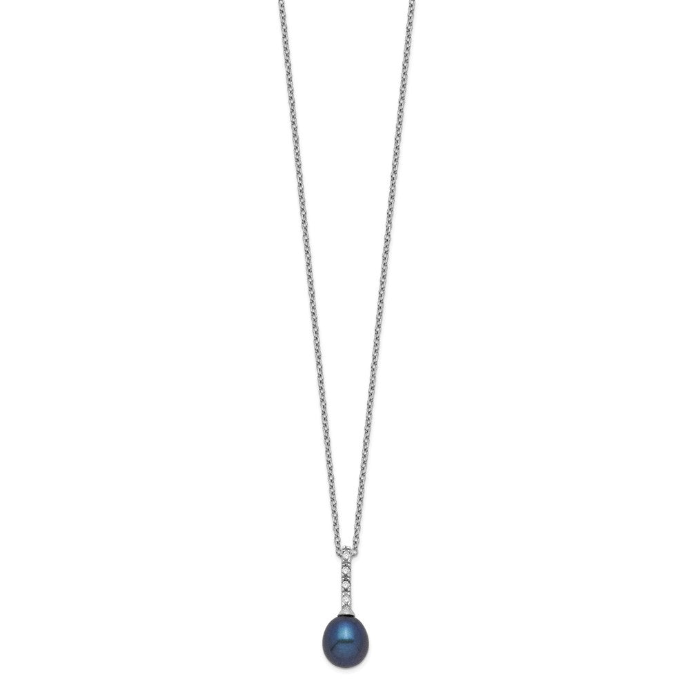 Sterling Silver Rhod-Plat 7-8mm Black Fwc Pearl Cz Necklace