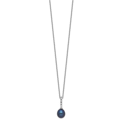 Sterling Silver Rhod-Plat 7-8mm Black Fwc Pearl Cz Necklace