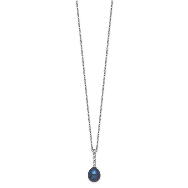 Sterling Silver Rhod-Plat 7-8mm Black Fwc Pearl Cz Necklace