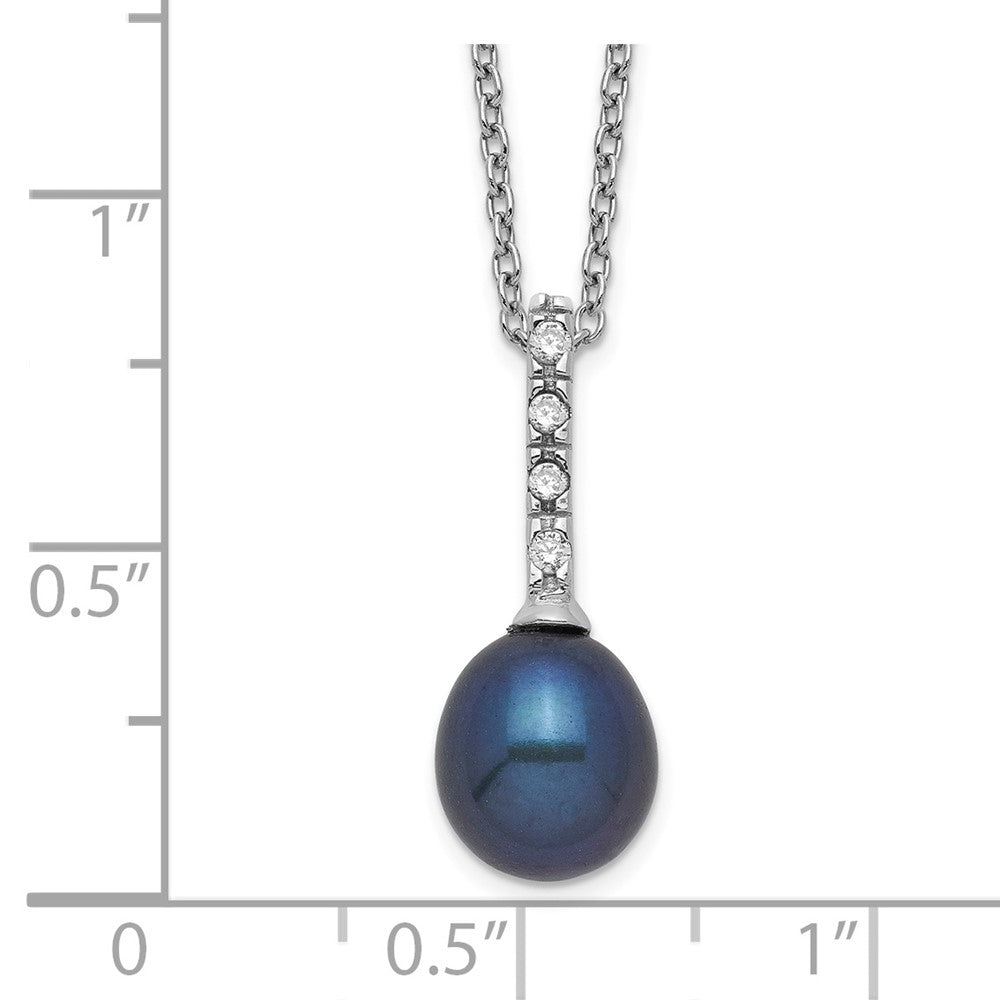 Sterling Silver Rhod-Plat 7-8mm Black Fwc Pearl Cz Necklace