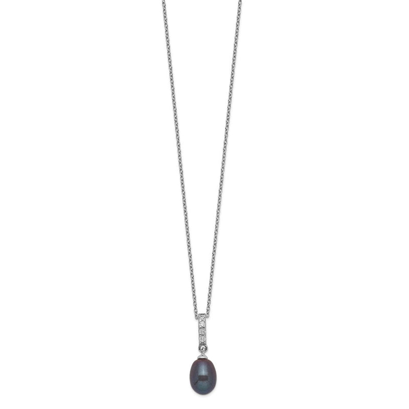 Sterling Silver Rhod-Plat 8-9mm Black Fwc Pearl Cz Necklace