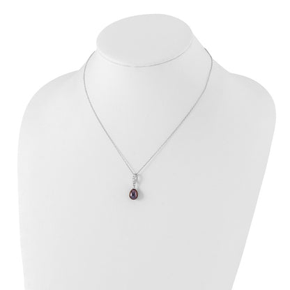 Sterling Silver Rhod-Plat 8-9mm Black Fwc Pearl Cz Necklace