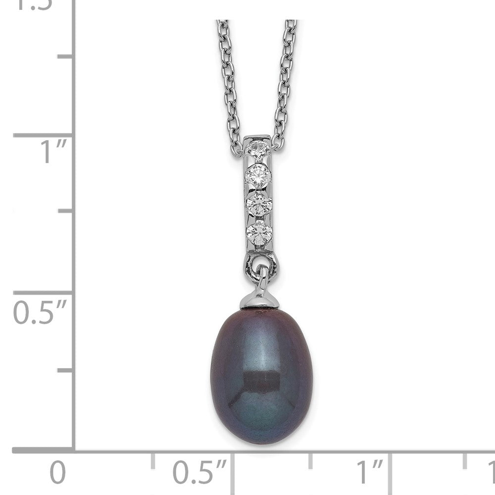 Sterling Silver Rhod-Plat 8-9mm Black Fwc Pearl Cz Necklace