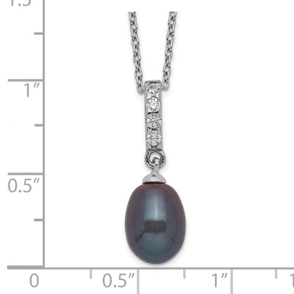 Sterling Silver Rhod-Plat 8-9mm Black Fwc Pearl Cz Necklace
