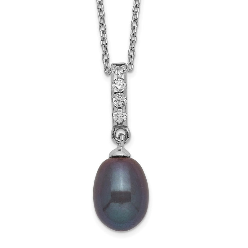 Sterling Silver Rhod-Plat 8-9mm Black Fwc Pearl Cz Necklace