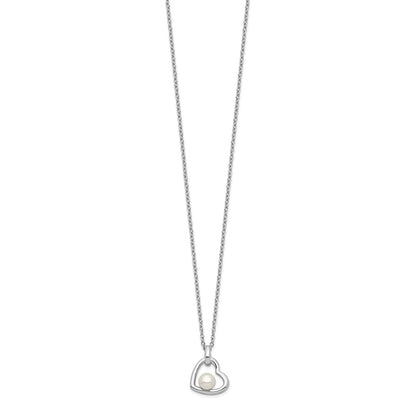 Sterling Silver Rhodium-Plated Heart With 4-5mm White Button Freshwater Cultured Pearl 17 Inch Necklace