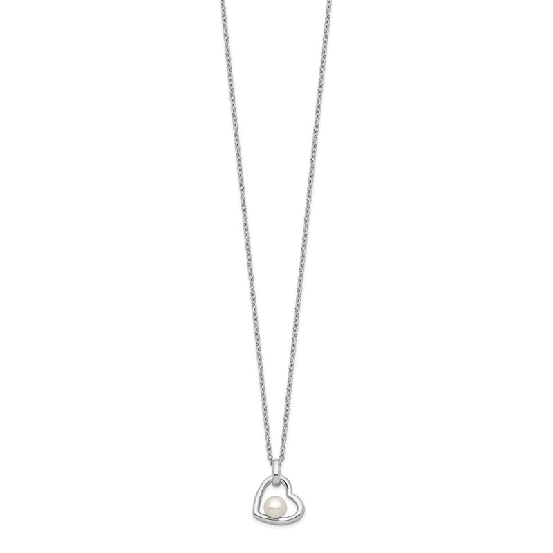 Sterling Silver Rhodium-Plated Heart With 4-5mm White Button Freshwater Cultured Pearl 17 Inch Necklace