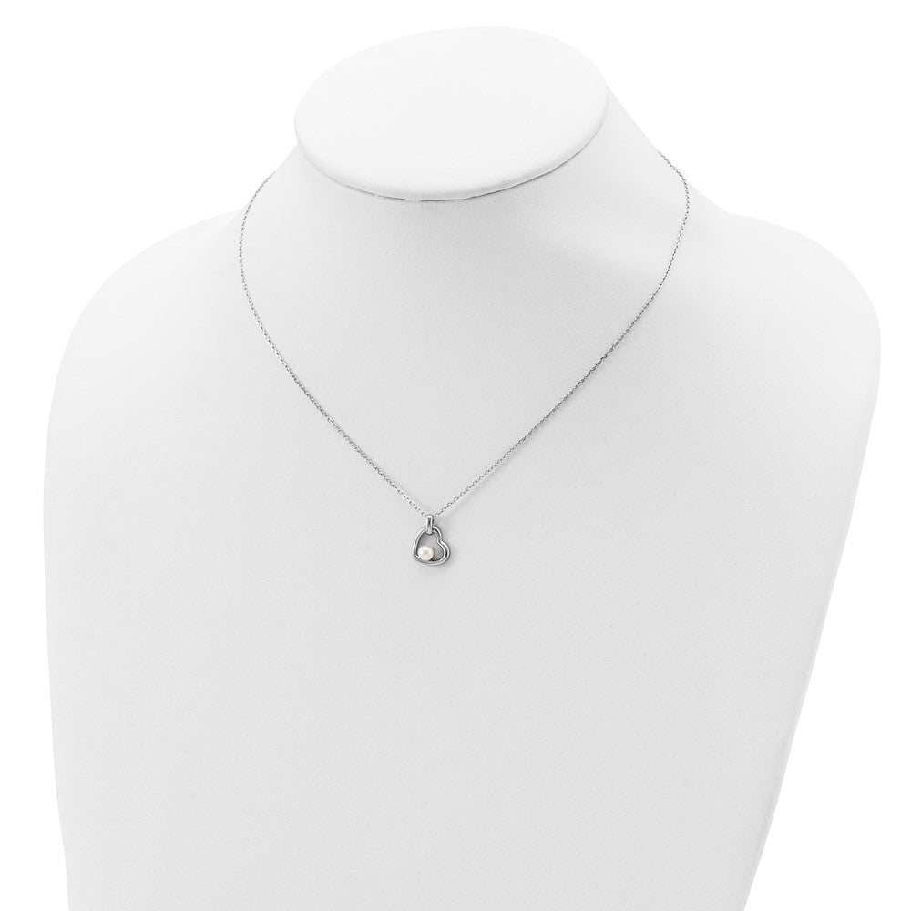 Sterling Silver Rhodium-Plated Heart With 4-5mm White Button Freshwater Cultured Pearl 17 Inch Necklace