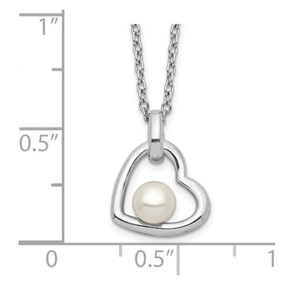 Sterling Silver Rhodium-Plated Heart With 4-5mm White Button Freshwater Cultured Pearl 17 Inch Necklace