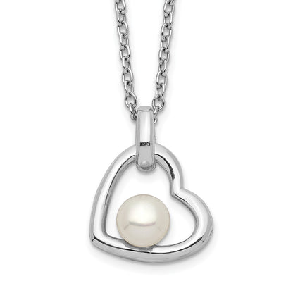 Sterling Silver Rhodium-Plated Heart With 4-5mm White Button Freshwater Cultured Pearl 17 Inch Necklace
