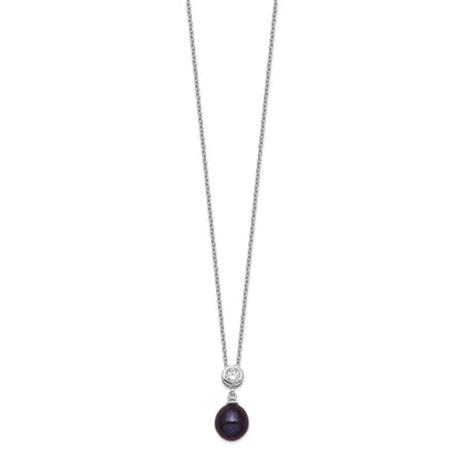 Sterling Silver Rhodium-Plated 8-9mm Black Rice Fwc Pearl Cz Necklace