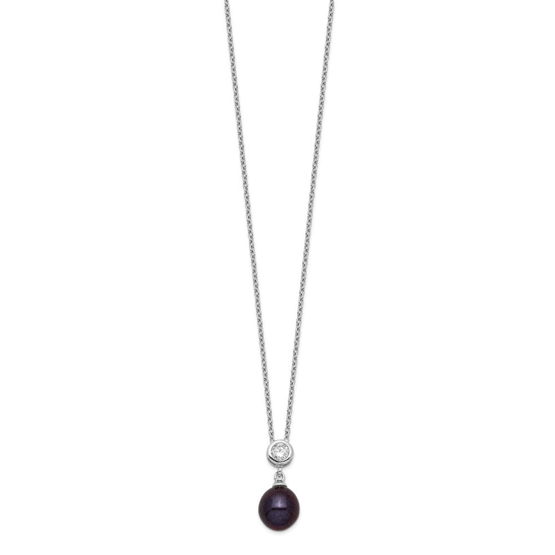 Sterling Silver Rhodium-Plated 8-9mm Black Rice Fwc Pearl Cz Necklace