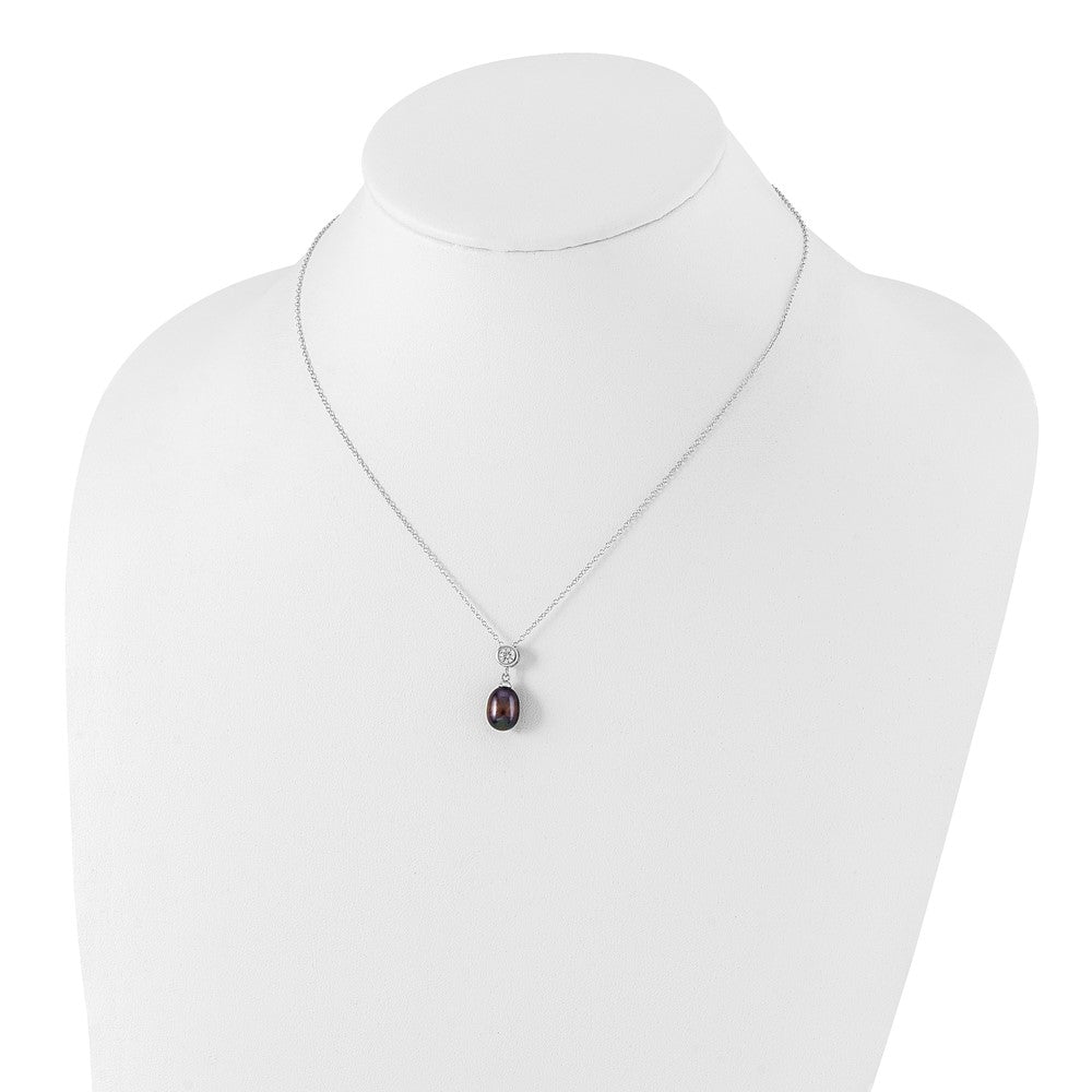 Sterling Silver Rhodium-Plated 8-9mm Black Rice Fwc Pearl Cz Necklace