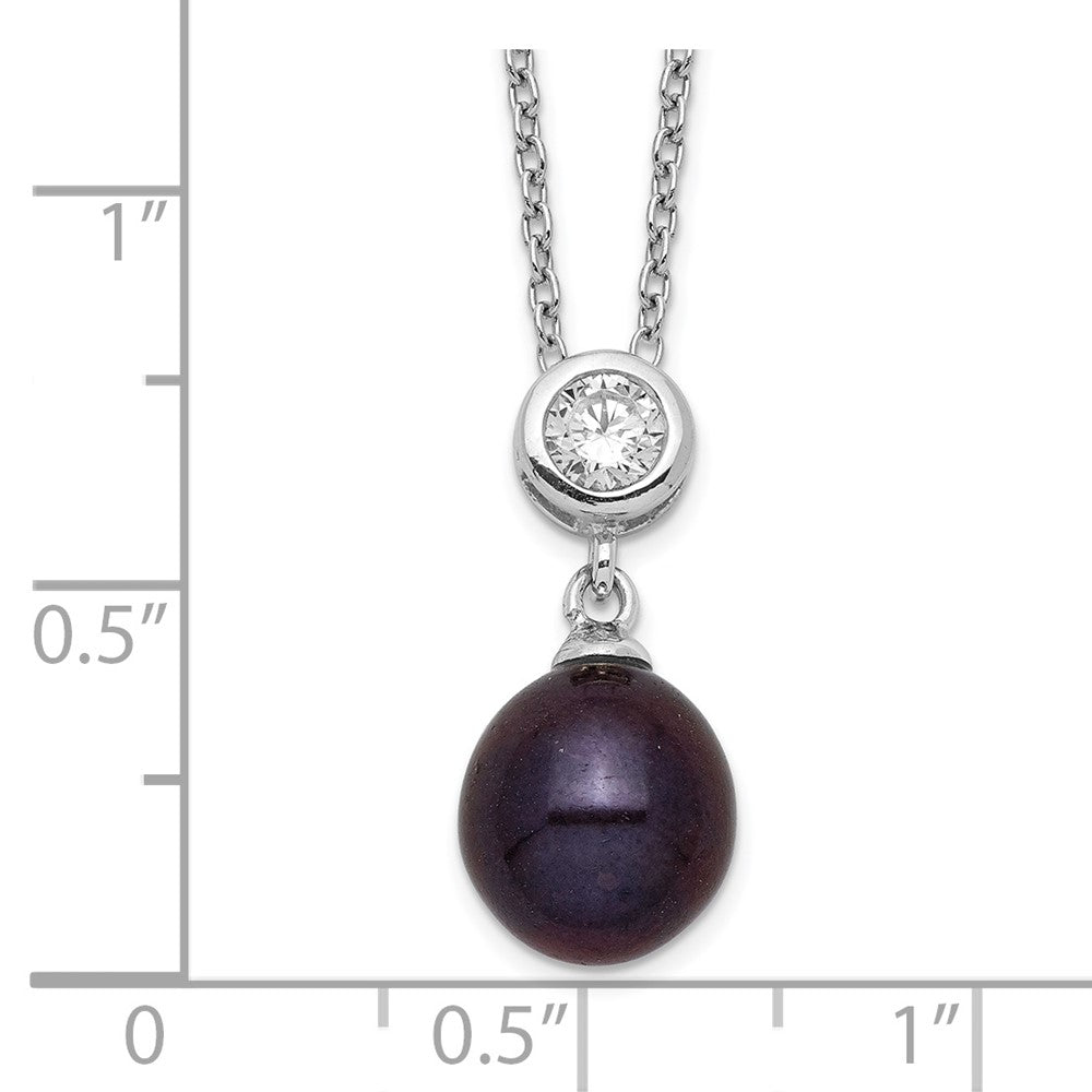 Sterling Silver Rhodium-Plated 8-9mm Black Rice Fwc Pearl Cz Necklace