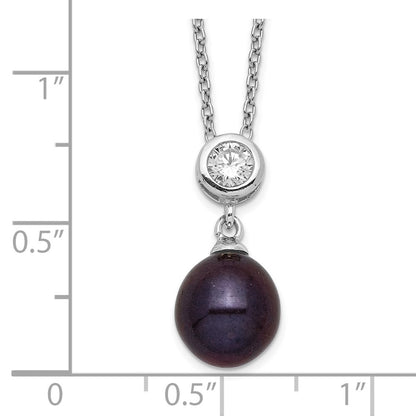 Sterling Silver Rhodium-Plated 8-9mm Black Rice Fwc Pearl Cz Necklace