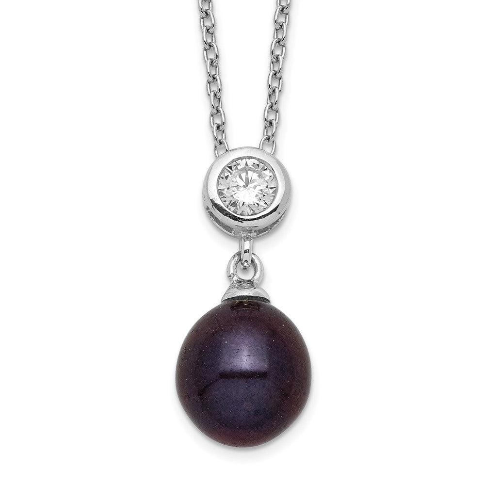 Sterling Silver Rhodium-Plated 8-9mm Black Rice Fwc Pearl Cz Necklace