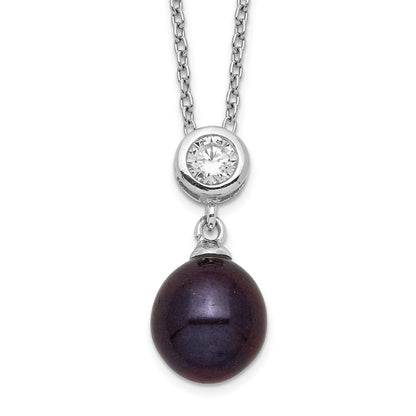 Sterling Silver Rhodium-Plated 8-9mm Black Rice Fwc Pearl Cz Necklace