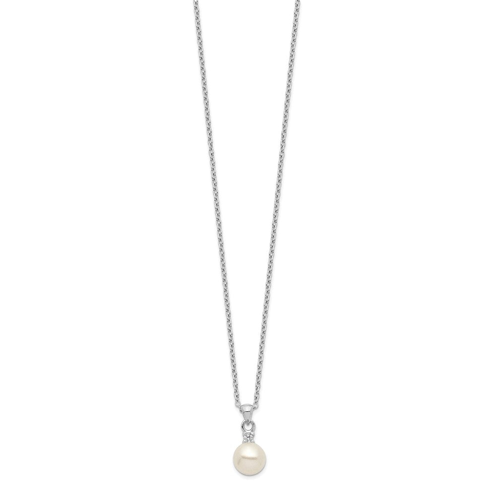 Sterling Silver Rhodium-Plated 6-7mm White Button Fwc Pearl Cz Necklace