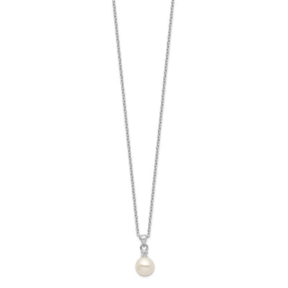 Sterling Silver Rhodium-Plated 6-7mm White Button Fwc Pearl Cz Necklace