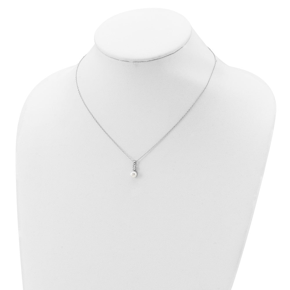 Sterling Silver Rhodium-Plated 6-7mm White Button Fwc Pearl Cz Necklace
