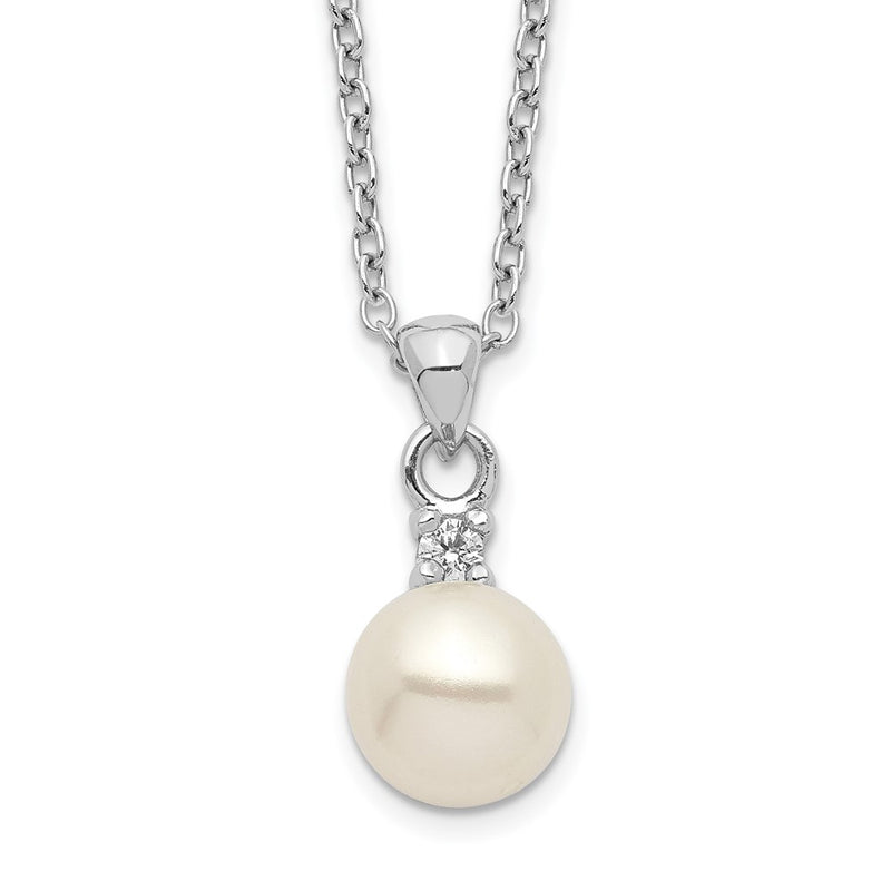 Sterling Silver Rhodium-Plated 6-7mm White Button Fwc Pearl Cz Necklace