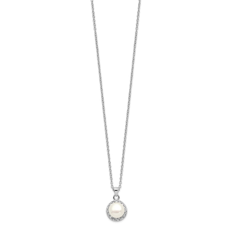 Sterling Silver Rhodium-Plated 7-8mm White Button Fwc Pearl Cz Necklace