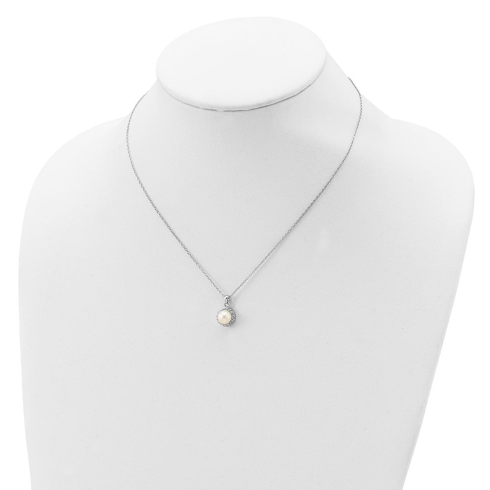 Sterling Silver Rhodium-Plated 7-8mm White Button Fwc Pearl Cz Necklace