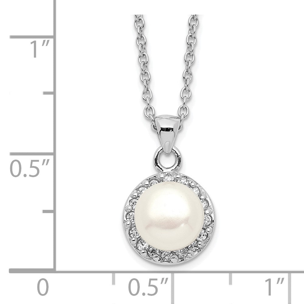 Sterling Silver Rhodium-Plated 7-8mm White Button Fwc Pearl Cz Necklace