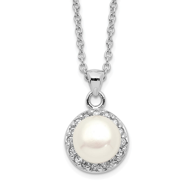 Sterling Silver Rhodium-Plated 7-8mm White Button Fwc Pearl Cz Necklace