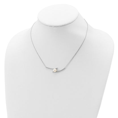 Sterling Silver Rhodium-Plated 7-8mm White Button Fwc Pearl Cz Necklace