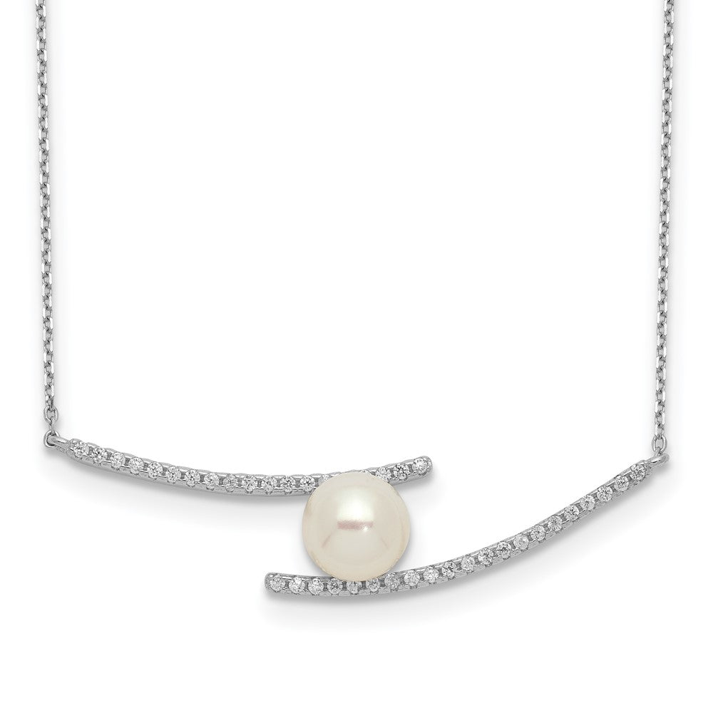 Sterling Silver Rhodium-Plated 7-8mm White Button Fwc Pearl Cz Necklace