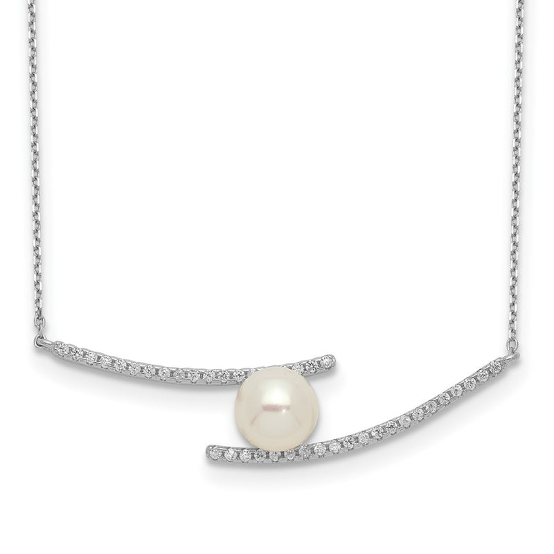 Sterling Silver Rhodium-Plated 7-8mm White Button Fwc Pearl Cz Necklace
