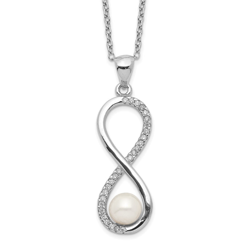 Sterling Silver Rhodium-Plated 5-6mm Round Fwc Pearl Cz Infinity Necklace