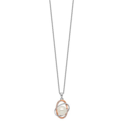 Ss/Gold Plated Sterling Silver Rhd-Pt Rose-Tone 18K Flash-Pl 9-10mm Fwc Pearl Cz Necklace