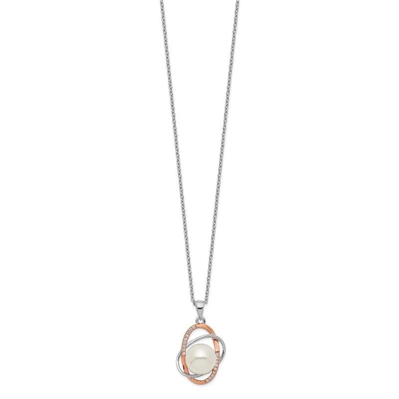 Ss/Gold Plated Sterling Silver Rhd-Pt Rose-Tone 18K Flash-Pl 9-10mm Fwc Pearl Cz Necklace