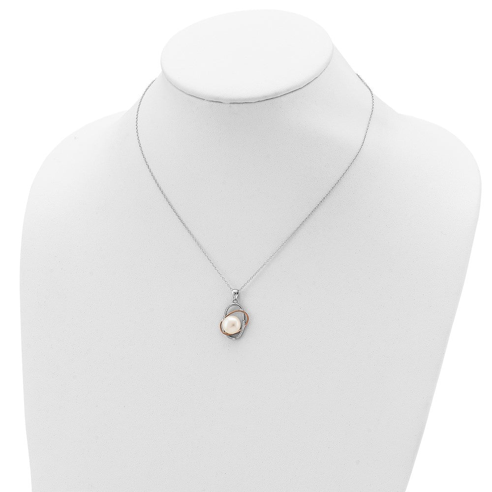 Ss/Gold Plated Sterling Silver Rhd-Pt Rose-Tone 18K Flash-Pl 9-10mm Fwc Pearl Cz Necklace