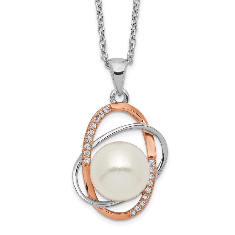 Ss/Gold Plated Sterling Silver Rhd-Pt Rose-Tone 18K Flash-Pl 9-10mm Fwc Pearl Cz Necklace