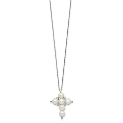 Sterling Silver Rhod-Plated 6-7mm White Button Fwc Pearl Cz Cross Necklace