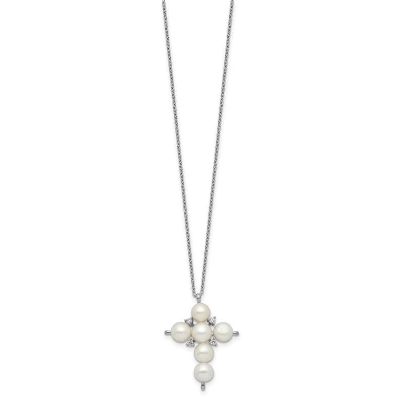 Sterling Silver Rhod-Plated 6-7mm White Button Fwc Pearl Cz Cross Necklace
