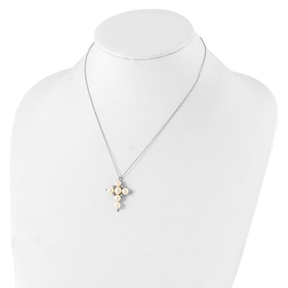 Sterling Silver Rhod-Plated 6-7mm White Button Fwc Pearl Cz Cross Necklace