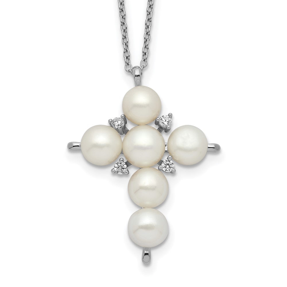 Sterling Silver Rhod-Plated 6-7mm White Button Fwc Pearl Cz Cross Necklace