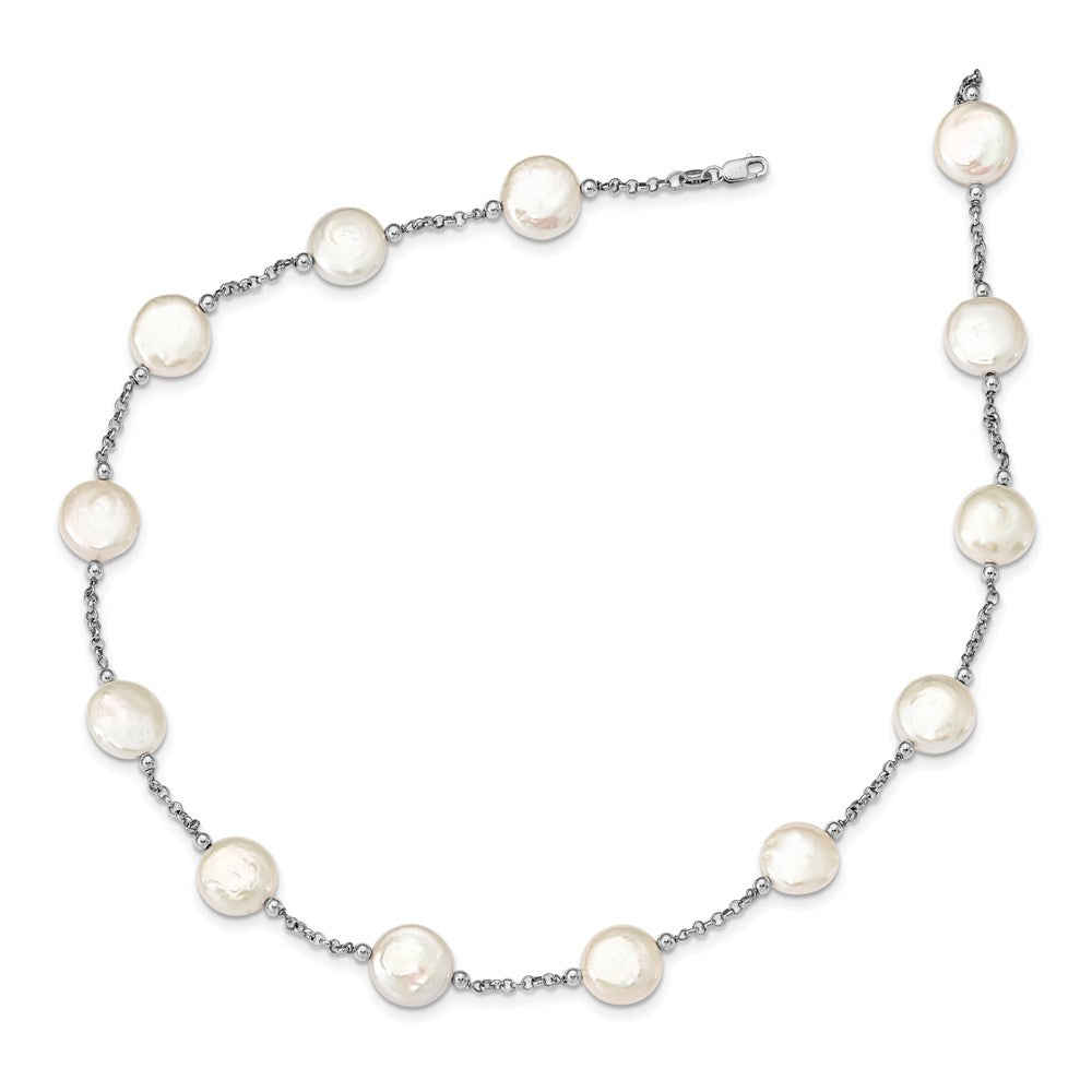 Sterling Silver Rh-Pltd 12-13mm White Coin Fwc Pearl 13-Station Necklace