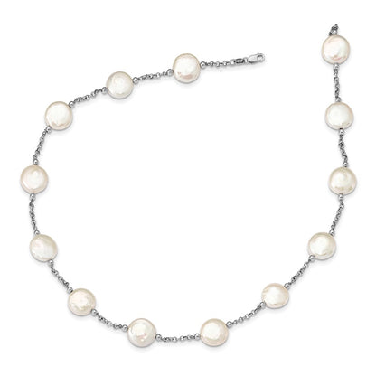 Sterling Silver Rh-Pltd 12-13mm White Coin Fwc Pearl 13-Station Necklace