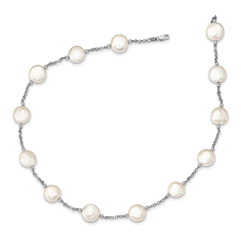 Sterling Silver Rh-Pltd 12-13mm White Coin Fwc Pearl 13-Station Necklace