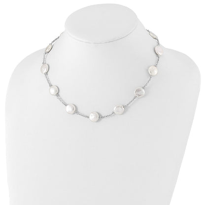Sterling Silver Rh-Pltd 12-13mm White Coin Fwc Pearl 13-Station Necklace